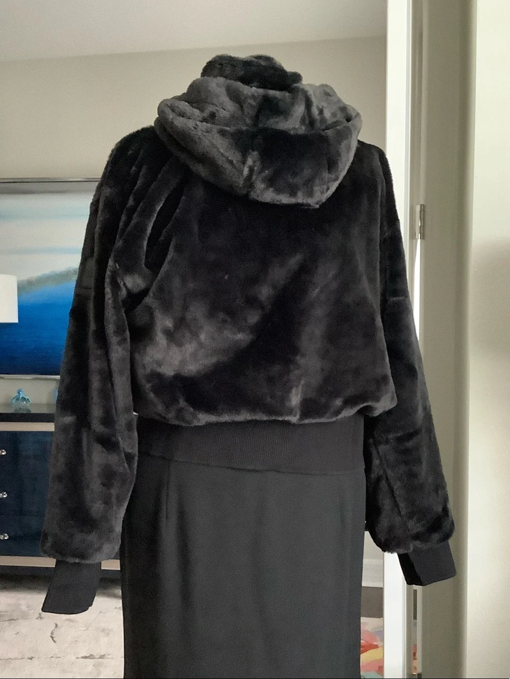 DKNYC Black Plush Faux Fur Bomber Jacket